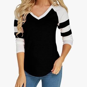 Women’s black and white long sleeve baseball tee